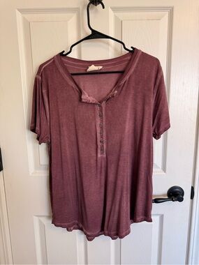 White Crow XL Dusty Mauve Mineral Wash Henley Oversized Boho Top Buckle